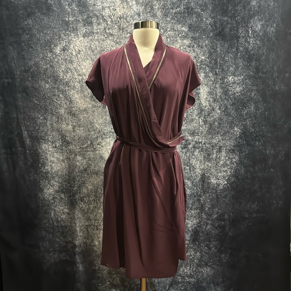 All Saints burgundy 100% silk drape v-neck zipper sheath dress
